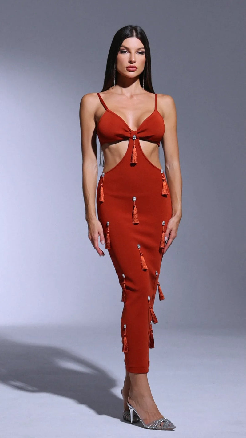 Deep-V Diamond Tassels Bandage Maxi Dress in red