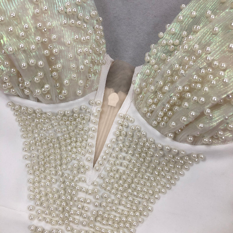 Off-Shoulder pearl embellished bodycon maxi dress in white