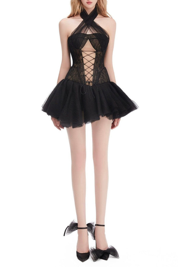 amelia Halter neck tube top with cross straps mini dress in black