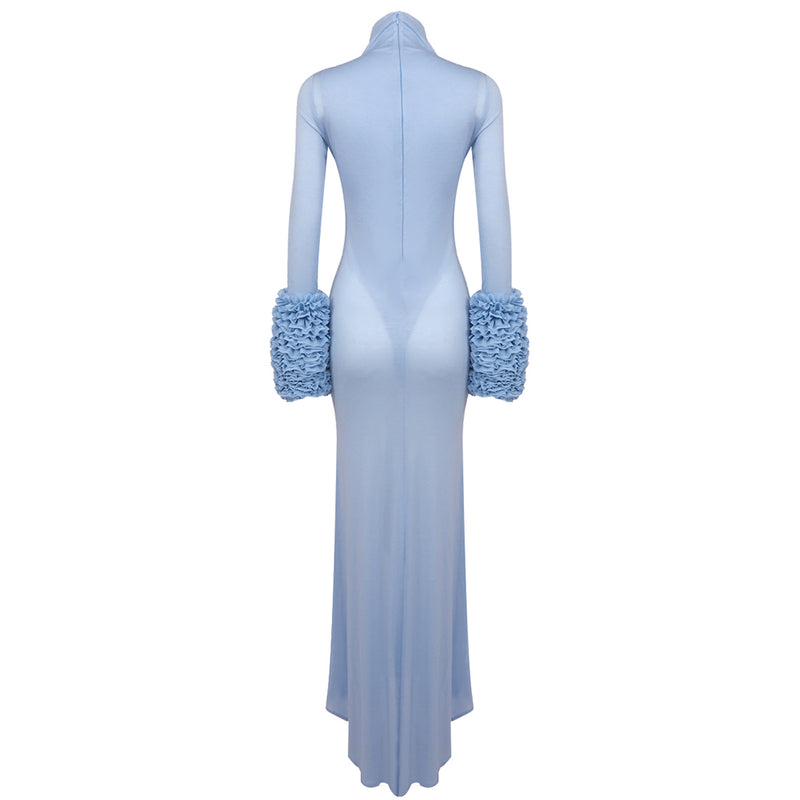 MICHELLE RUFFLED TURTLENECK MAXI DRESS IN PALE BLUE