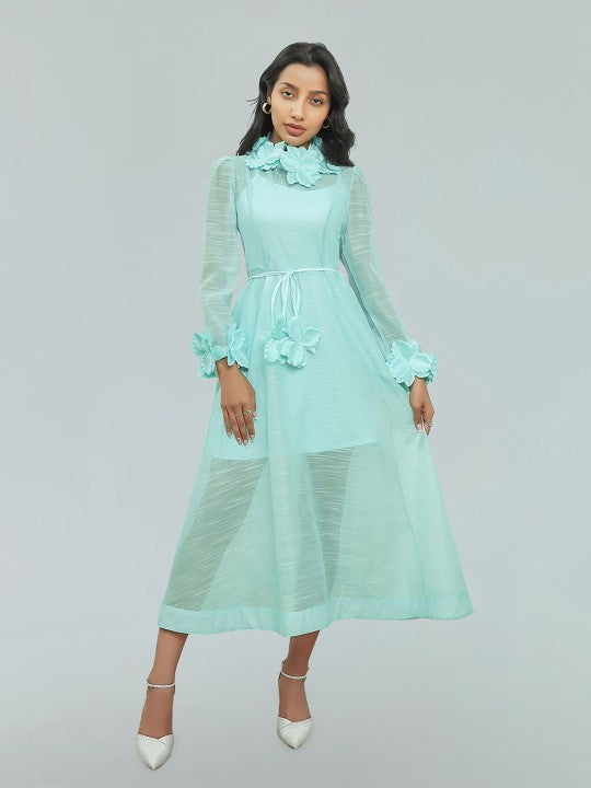 vicky flower embellished lace midi dress in green