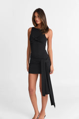 black Sleeveless with twisted draped ribbons mini dress