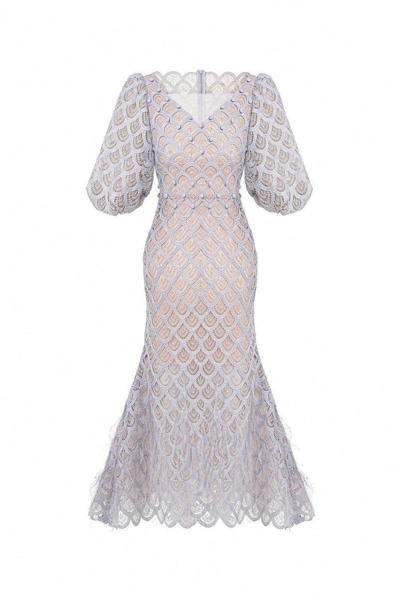 Ciara Trumpet Bishop Sleeved Lace Midi Dress