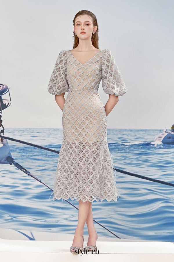 Ciara Trumpet Bishop Sleeved Lace Midi Dress