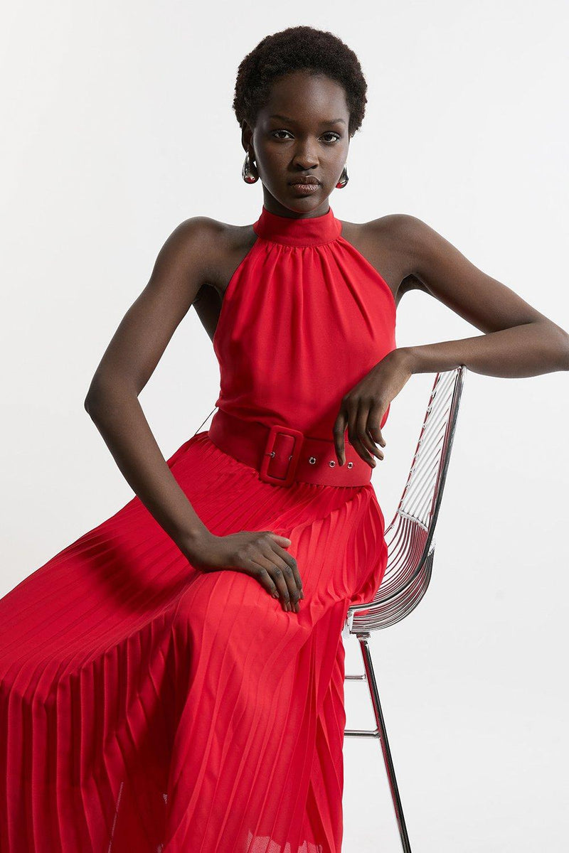Georgette Belted Pleat Halter Woven Midi Dress