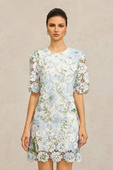 hazel Floral Printed Lace Mini Dress in sky blue