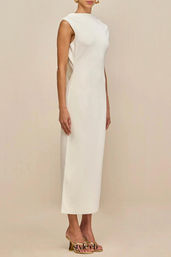 white sleeveless backless knit midi dress with two pleated golden embellishments