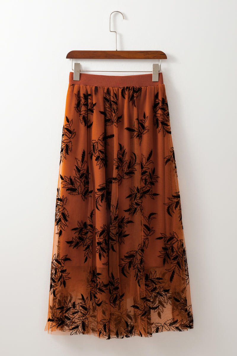 Apricot Floral Leaves Embroidered High Waist Maxi Skirt