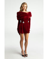 daphne long sleeve fur Velvet mini Dress in red