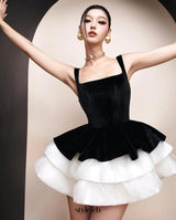 alexandra layer Wavy trim mini dress  - black/white