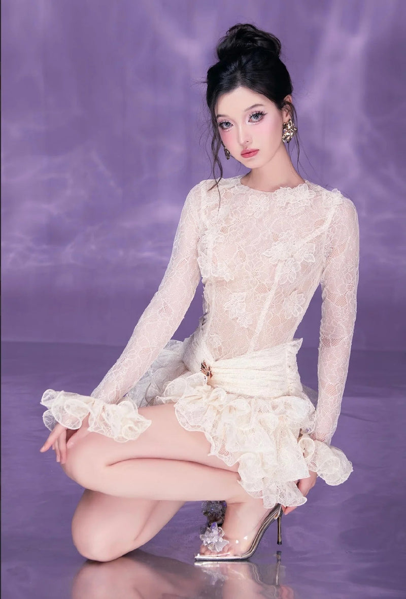 eudora lace embroidery ruched trim mini dress in white