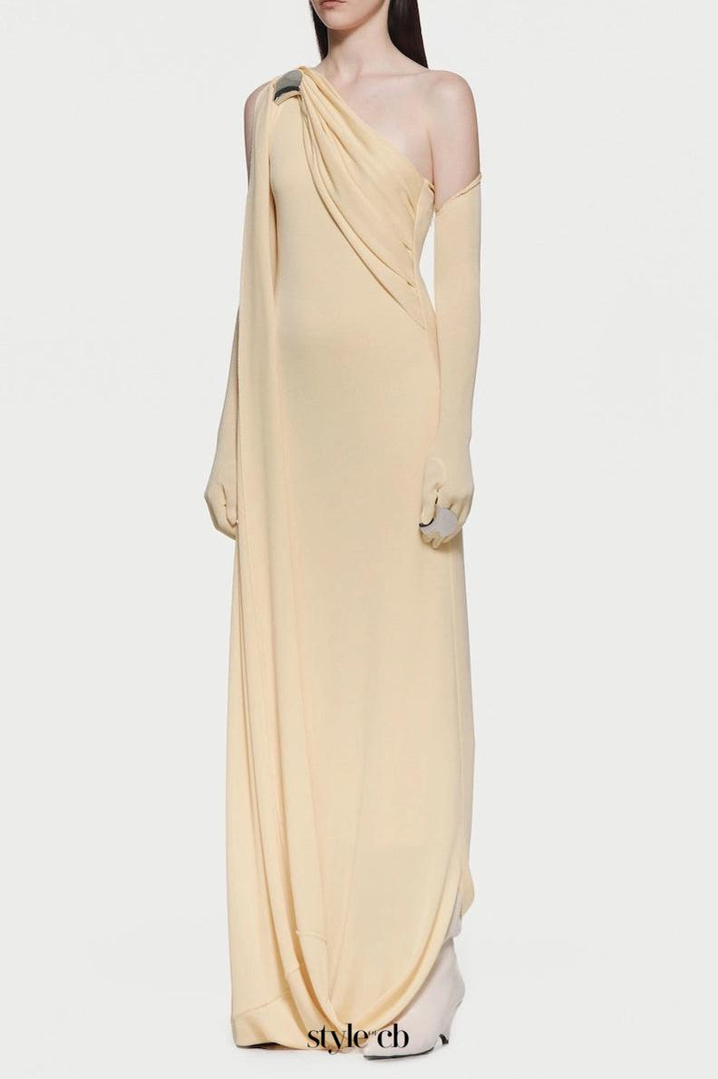 xaviera one-shoulder pleated backless maxi dress in yellow