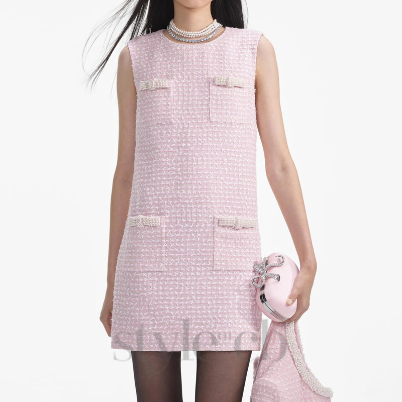 boucle pearl trim mini dress in pink