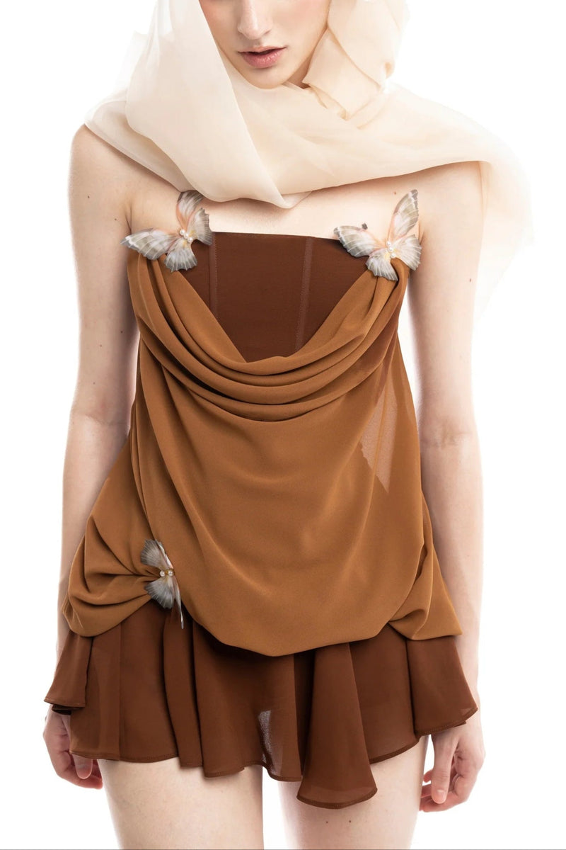 brown 3d Butterfly Fishbone Tunic Top Mini skirt Set