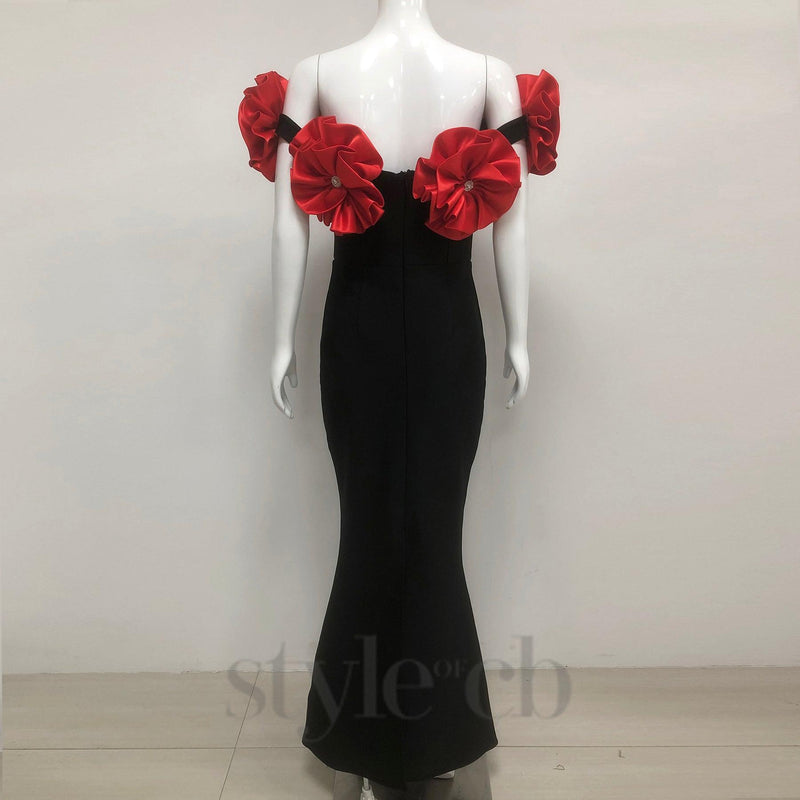 red flower embellished strapless Bandage maxi dress