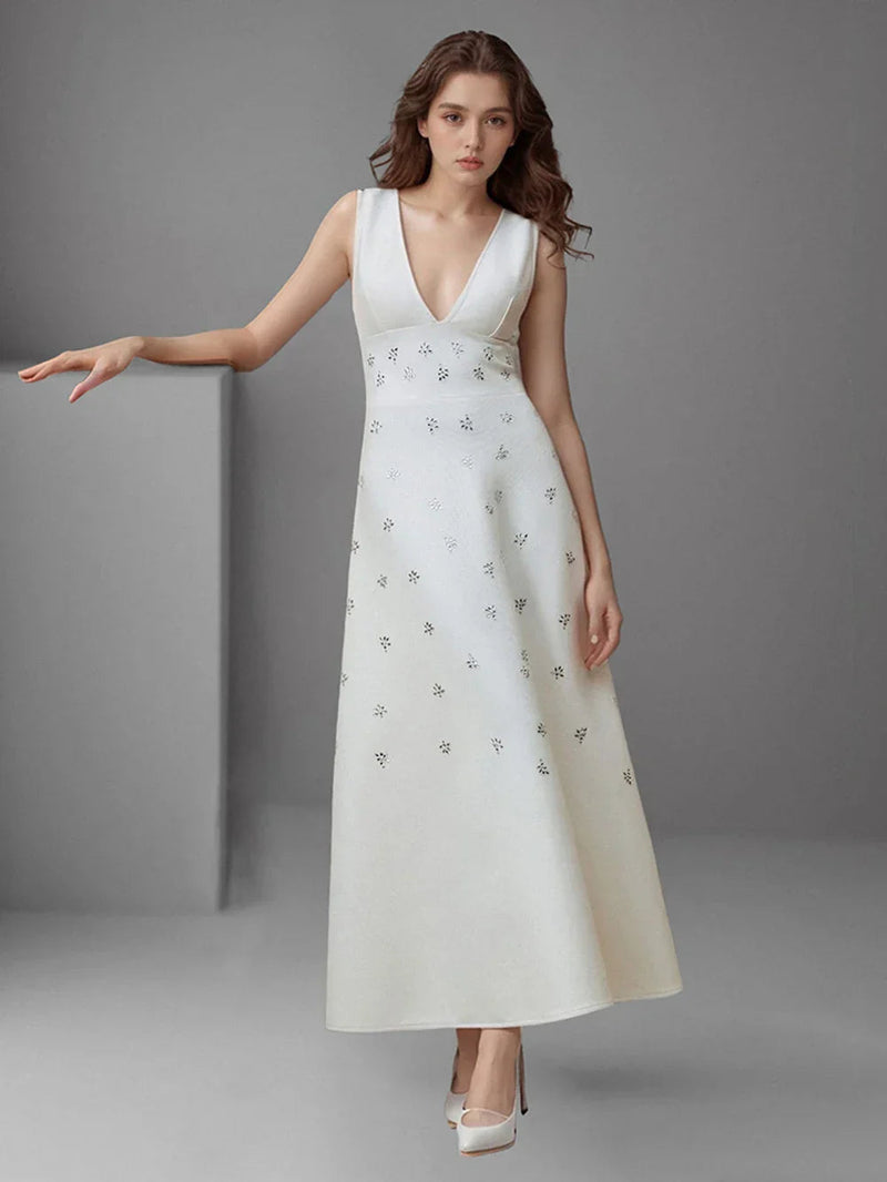 lily diamond V-neck midi dress in white