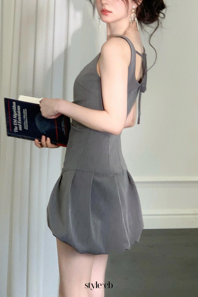 arabela square neck bud mini dress in gray