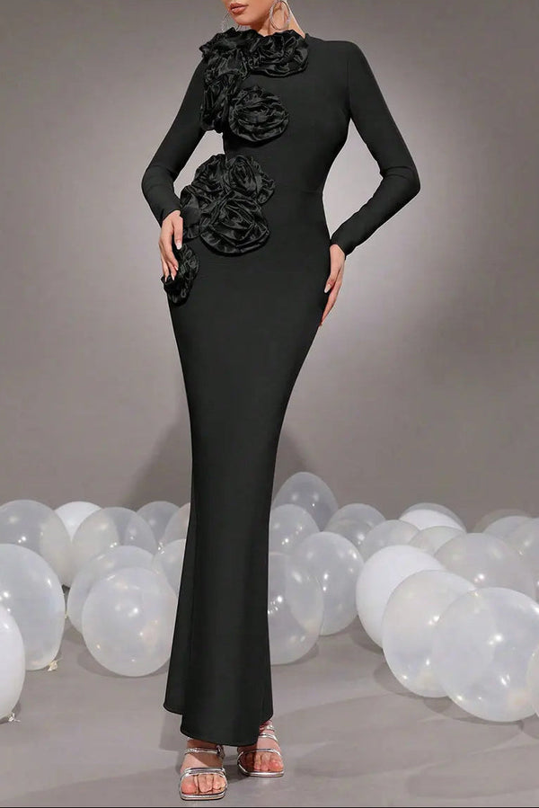 sally 3D Flower Decorative Bandage maxi Dress in black