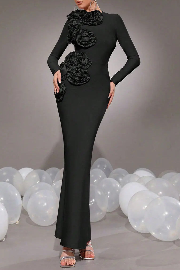 sally 3D Flower Decorative Bandage maxi Dress in black