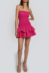 eyelet layered strapless mini dress in fuchsia