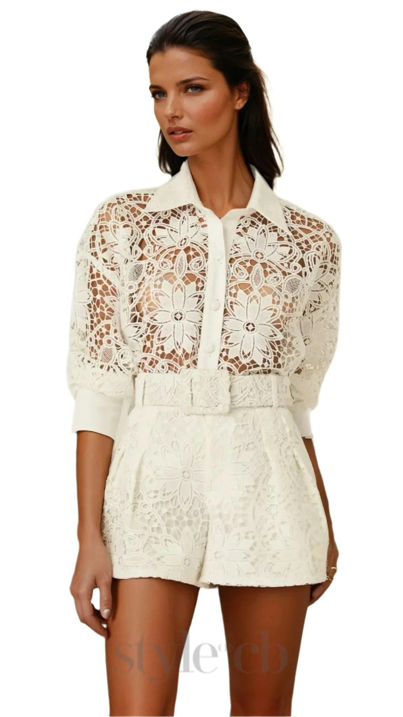 hollow cut lace shirt shorts two pieces set in white