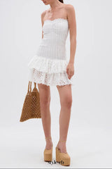 eyelet layered strapless mini dress in white