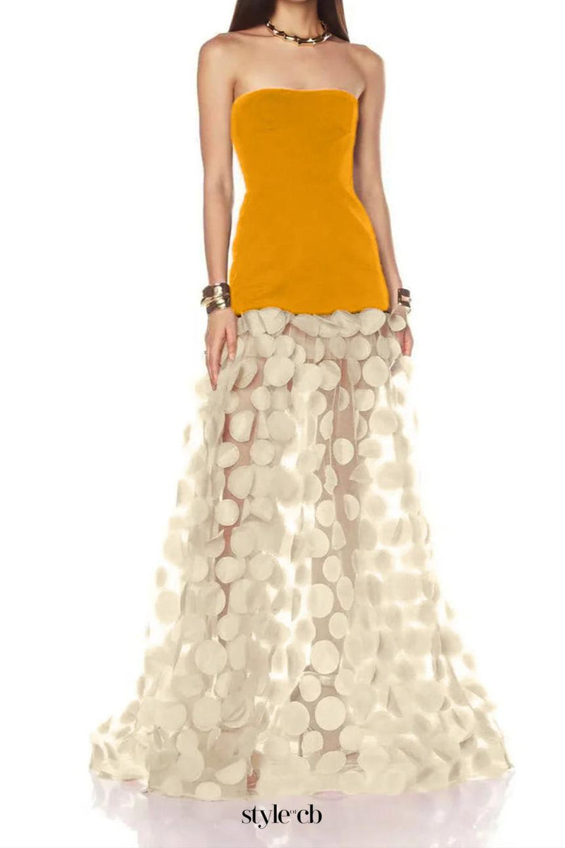 Nodin Strapless Dot Mesh Maxi Dress in orange