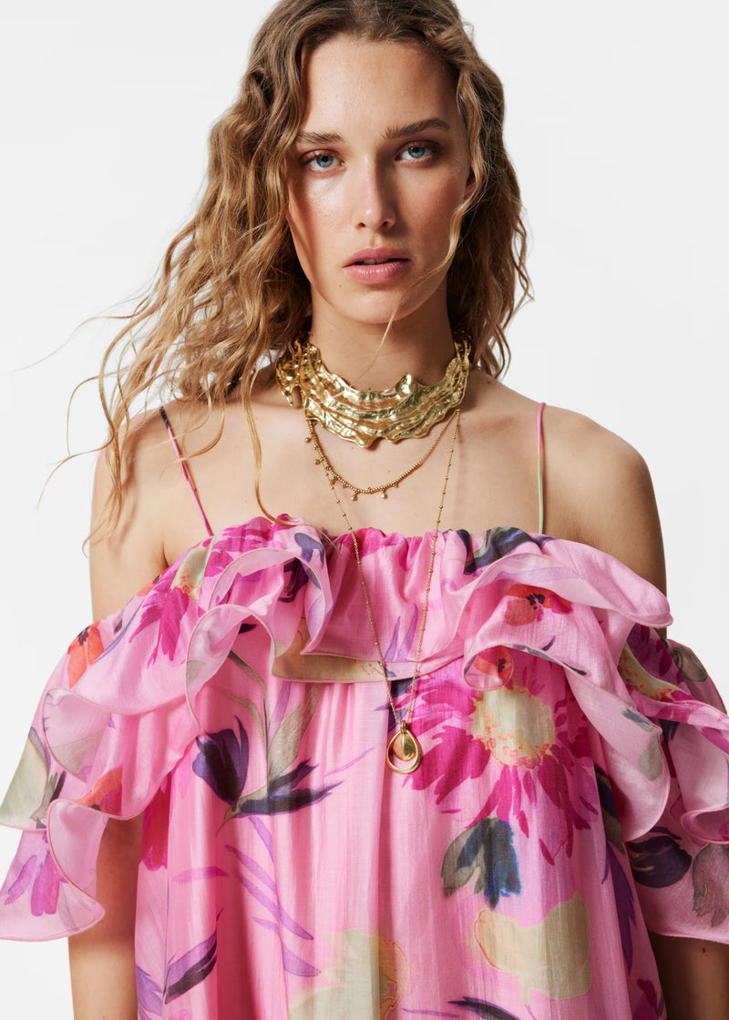 hedwig off-shoulder floral printed ruffle maxi dress in rose red