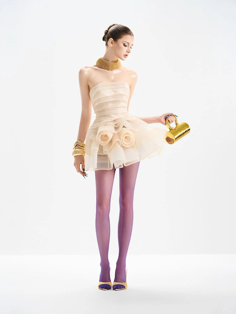 coral off-shoulder layer trim flower mini dress in apricot