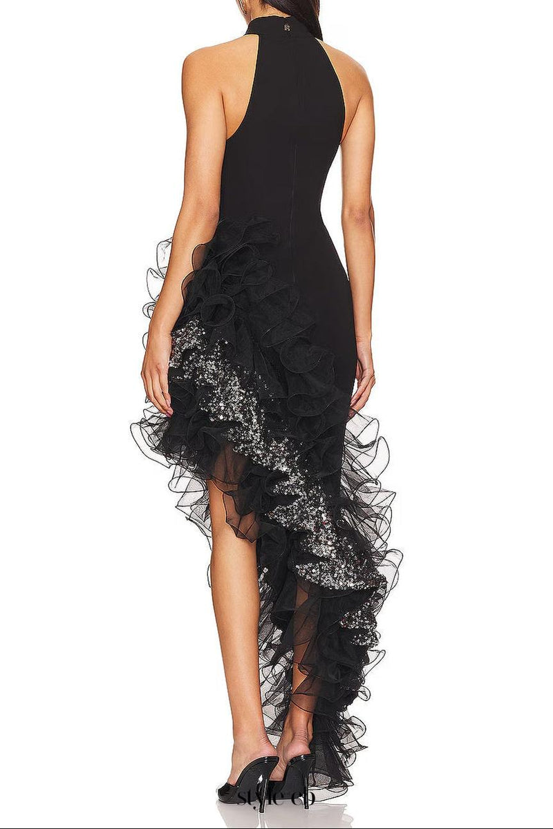 halter sleeveless Sequin Ruffle trim maxi dress in black