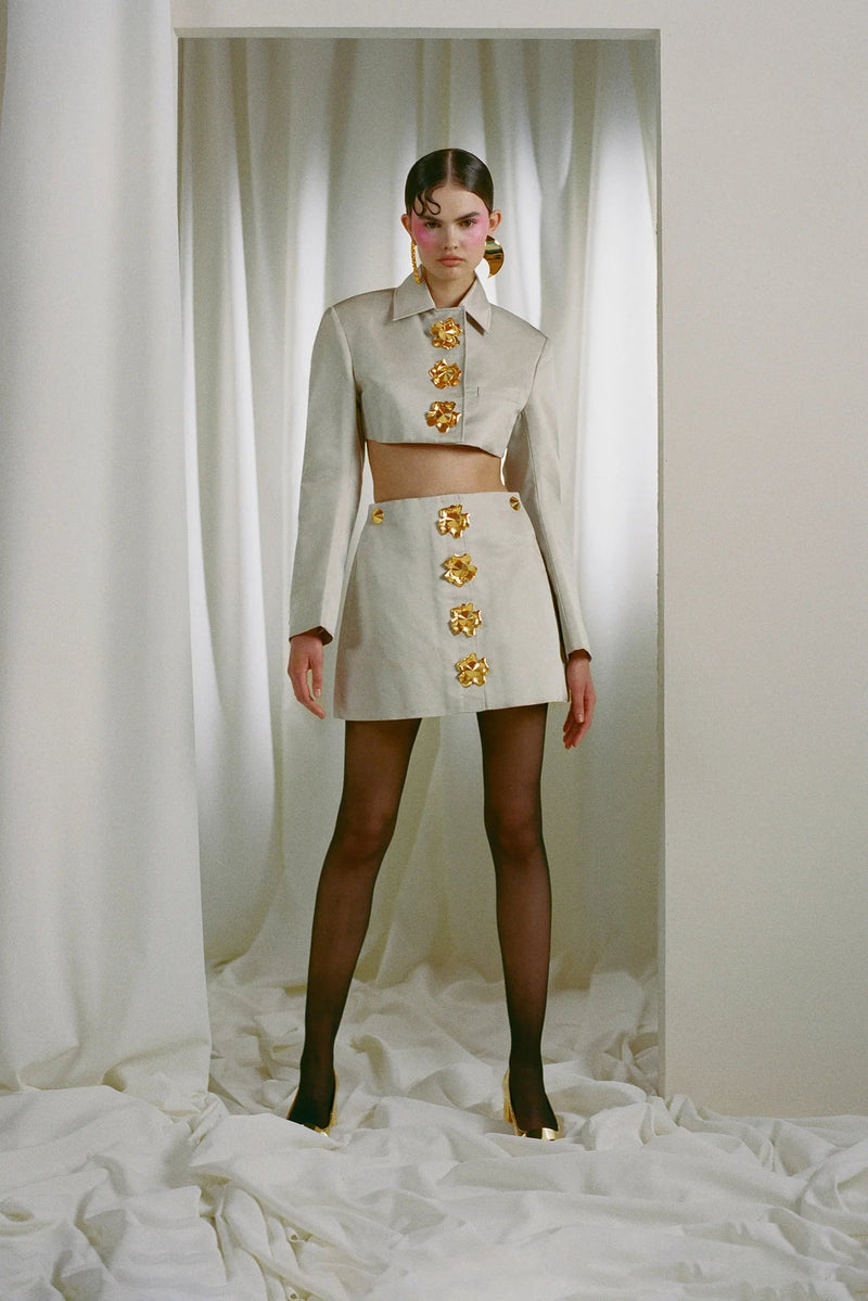 odelette Metal buttoned blazer skirt set in beige