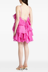 lorraine Halter Floral Ruffle Layered Mini Dress in Fuchsia