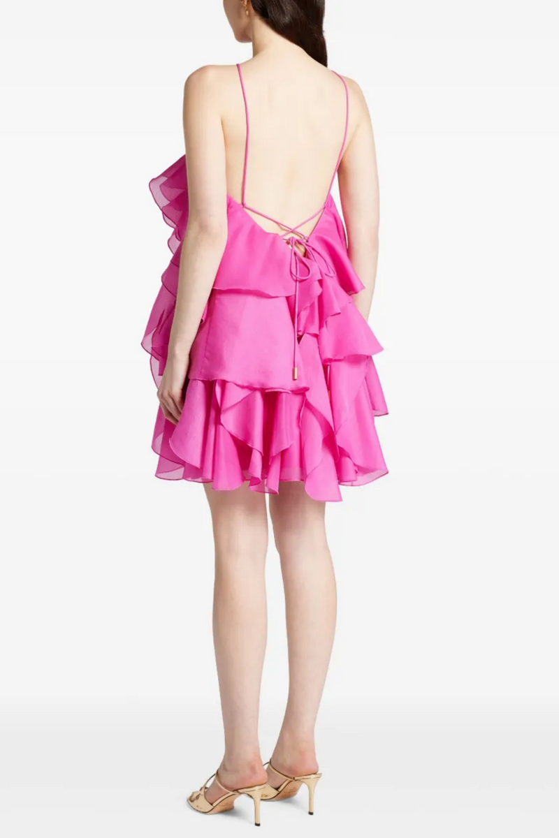 Caysie Halter Floral Ruffle Layered Mini Dress - Fuchsia