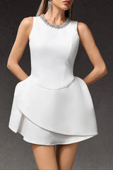 jean Round Neck Diamond Sleeveless Mini Dress in white