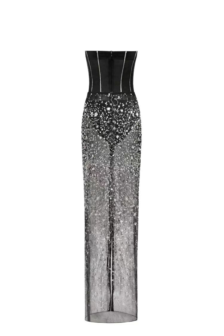 HAZEL CRYSTAL-COVERED STRAPLESS BLACK MAXI DRESS
