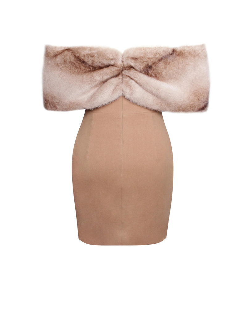 Turmeric Off Shoulder Fur Trim Mini Dress