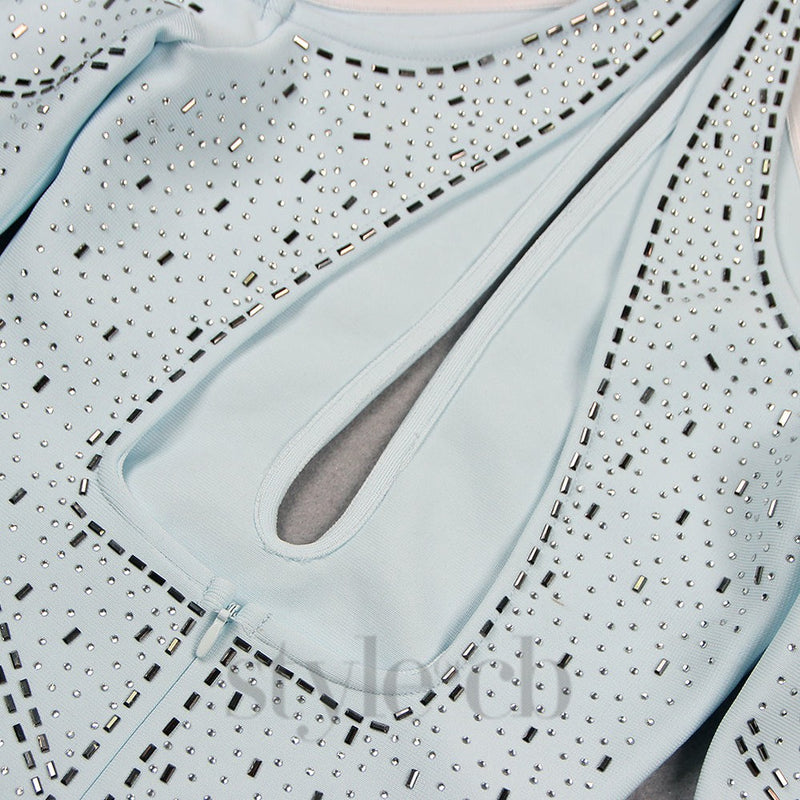 CRYSTAL EMBELLISHED CUTOUT HALTER BODYCON DRESS