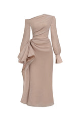 brianna Asymmetric Long Sleeve pleated maxi Dress in beige