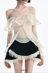 apricot One-shoulder tube top with backless ruffled mesh skirt set