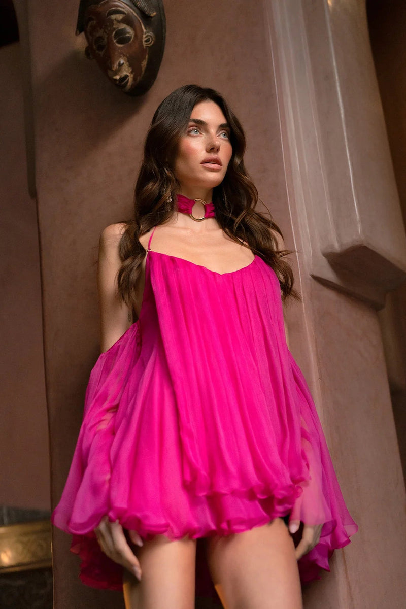 erica Halter Neck Lace-Up Backless Mini Dress - fuchsia