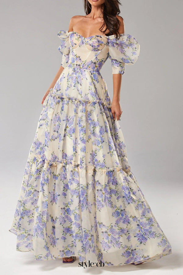Hydrangea print Voluminous Sleeves maxi Dress in blue
