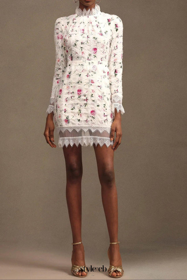 sebastiane Lace-trim long-sleeve floral midi dress in white