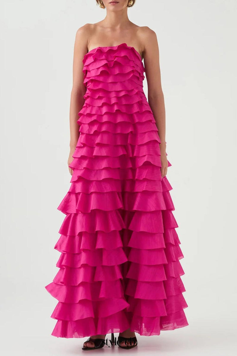 cathy Pleated layer strapless maxi dress in rose red