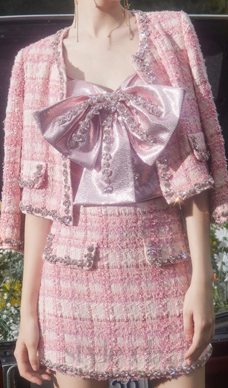 bow rhinestone two-piece set in pink