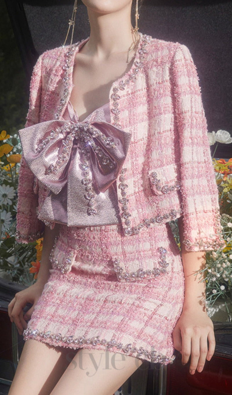 bow rhinestone two-piece set in pink