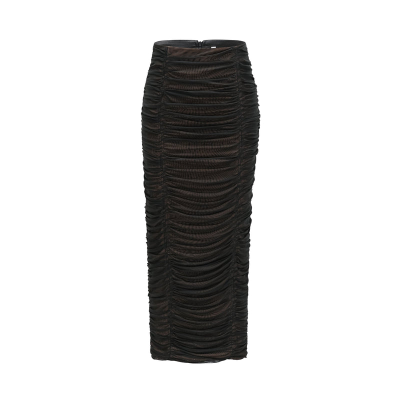 Gwenonwy black ruched mesh top & skirt matching set