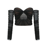 Gwenonwy black ruched mesh top & skirt matching set