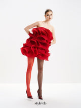 verna Multi-layered 3d pleated mini dress in red