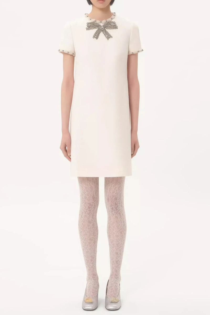 jocelyn rhinestone Embroidered Crepe mini Dress in ivory