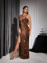 anila Asymmetrical Neck Side Slit bodycon maxi dress in gold